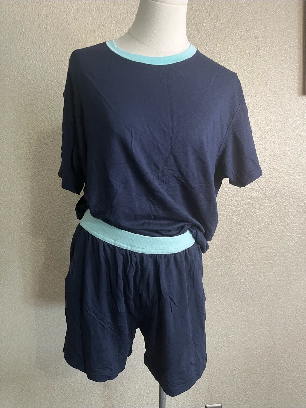 Navy Short Sleeve Pajama Set with Mint Trim - Picture 2 of 5